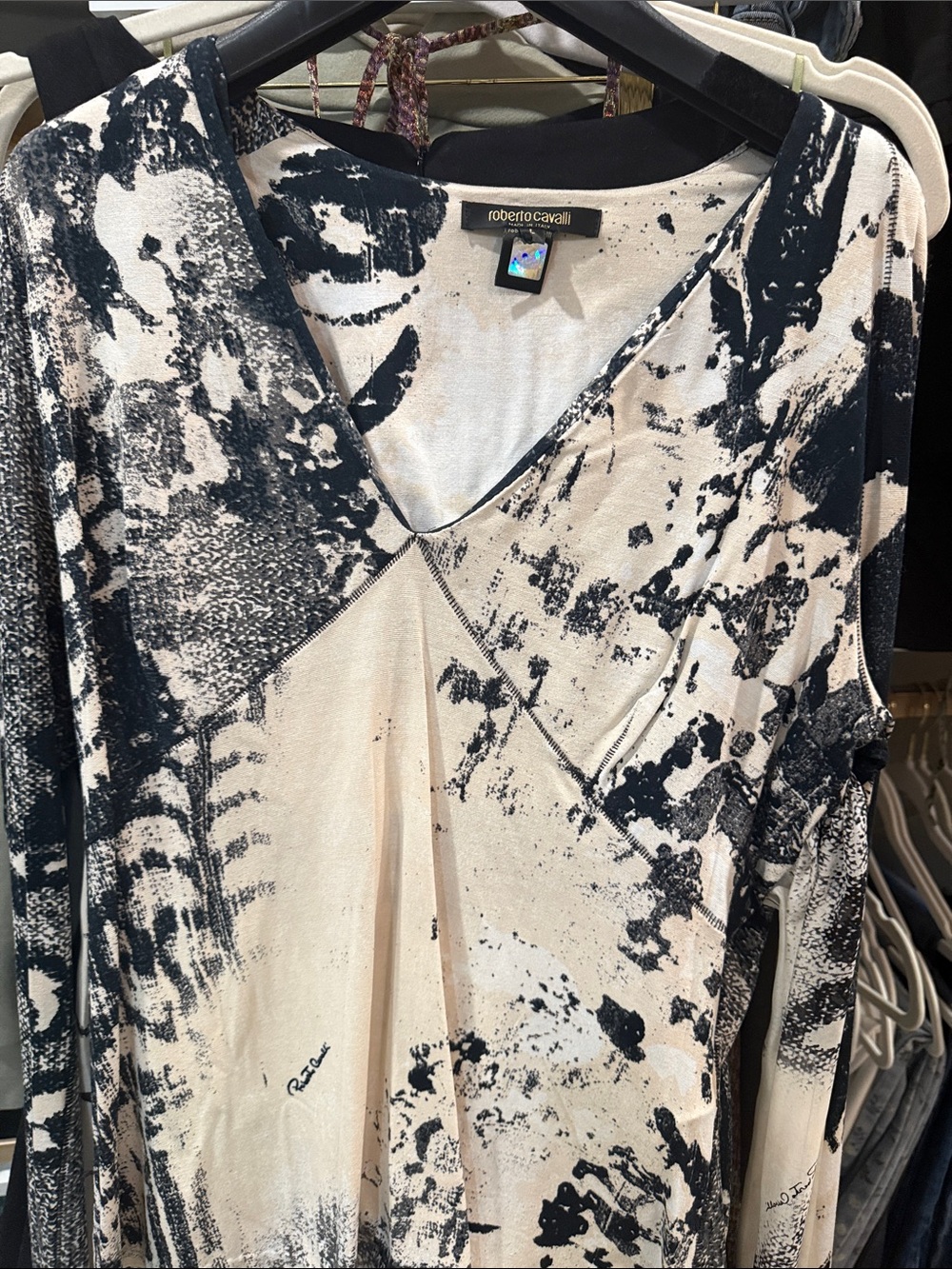 Roberto Cavalli Black & Cream Abstract V-Neck Long Sleeve Top